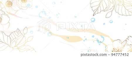 Luxurious golden wallpaper. White background and blue watercolor stains with rose buds. Golden olive leaves with a glossy light texture. Wall mural of contemporary art. Vector illustration. Luxurious golden wallpaper. White background and blue watercolor stains with rose buds. Golden olive leaves with a glossy light texture. Wall mural of contemporary art. Vector illustration. 94777452
