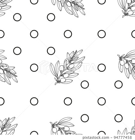 Seamless pattern of olive branch branches with leaves and fruit olives on a white background. Vector flat illustration. Design for textile, wallpaper, wrapping, background Seamless pattern of olive branch branches with leaves and fruit olives on a white background. Vector flat illustration. Design for textile, wallpaper, wrapping, background 94777458