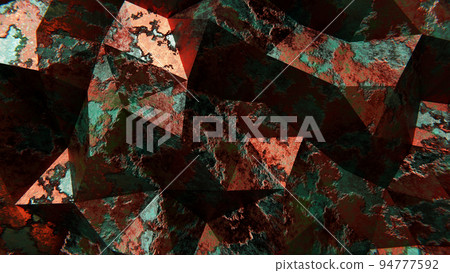 Realistic abstract 3D illustration of the aged and weathered corroded rusty copper polygonal surface rendered as background Realistic abstract 3D illustration of the aged and weathered corroded rusty copper polygonal surface rendered as background 94777592