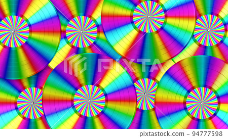 Realistic 3D illustration of the colorful rainbow vinyl records with rainbow striped labels rendered as background Realistic 3D illustration of the colorful rainbow vinyl records with rainbow striped labels rendered as background 94777598