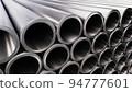 DOF camera 3D illustration of the steel pipes stacked at warehouse 94777601