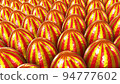 Realistic 3D illustration of the fancy textured golden foil striped Easter eggs rendered as background 94777602