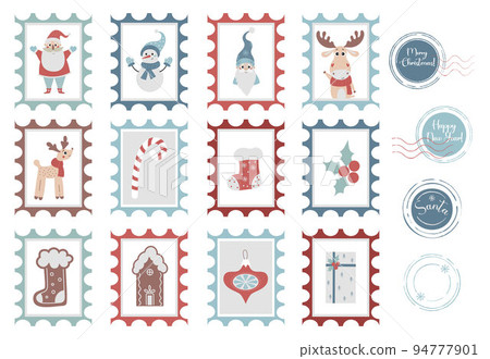 Big set of cute Christmas postmarks and New Years stamps for envelope. Mail Santa Claus. Vector illustration collection for decoration of Christmas cards and gifts. Big set of cute Christmas postmarks and New Years stamps for envelope. Mail Santa Claus. Vector illustration collection for decoration of Christmas cards and gifts. 94777901