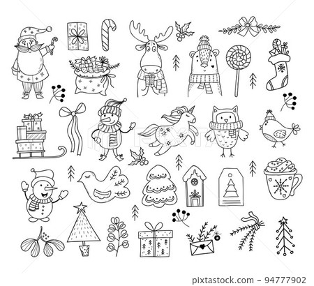 Doodles collection Christmas characters and decor. Cute Santa Claus, snowman, unicorn, bear and owl, elk and bird, christmas tree and gingerbread, sleigh, gift bag, dessert. Isolated Vector Linear Doodles collection Christmas characters and decor. Cute Santa Claus, snowman, unicorn, bear and owl, elk and bird, christmas tree and gingerbread, sleigh, gift bag, dessert. Isolated Vector Linear 94777902