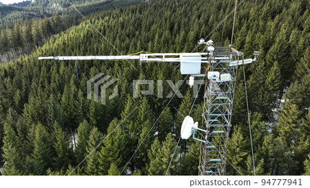 Technology science station atmospheric research drone aerial weather meteorology, sunshine pyranometer measurement incoming diffuse solar radiation, sonic anemometer scientific tower gas analyzer wind Technology science station atmospheric research drone aerial weather meteorology, sunshine pyranometer measurement incoming diffuse solar radiation, sonic anemometer scientific tower gas analyzer wind 94777941