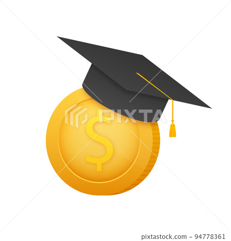 Investment in education. Scholarship. Books. Graduate s cap on stack golden coin. Vector illustration. Investment in education. Scholarship. Books. Graduate s cap on stack golden coin. Vector illustration. 94778361
