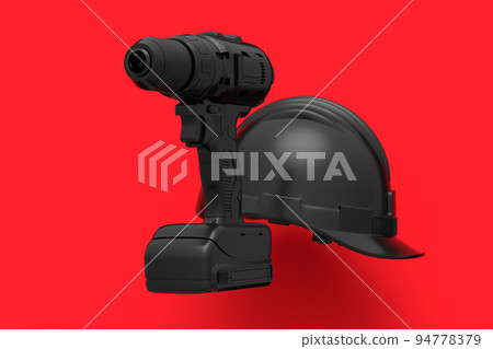 Set of cordless drill or screwdrivers with hard head helmet on red background Set of cordless drill or screwdrivers with hard head helmet on red background 94778379