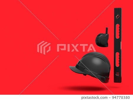 Flying view of black construction tools for repair on red background 94778380