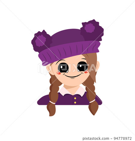 Avatar of a girl with big eyes and a wide happy smile in a purple hat with a pompom. Head of a child with a joyful face Avatar of a girl with big eyes and a wide happy smile in a purple hat with a pompom. Head of a child with a joyful face 94778972