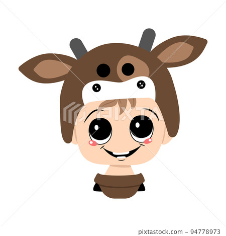 Avatar of a child with big eyes and a wide happy smile wearing a cow hat. Head of a cute kid with a joyful face Avatar of a child with big eyes and a wide happy smile wearing a cow hat. Head of a cute kid with a joyful face 94778973