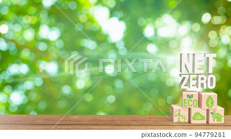 The eco icon on wood cube for net zero concept 3d rendering 94779281