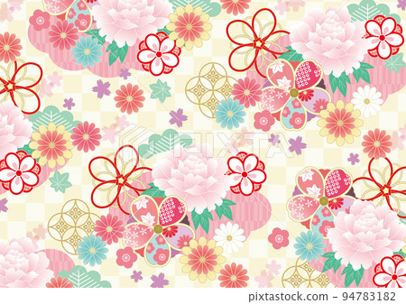 可愛的粉紅色和淺藍色花朵的豪華日本圖案 94783182