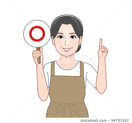 A woman holding a correct/wrong judgment plate 94783302