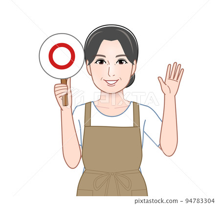 A woman holding a correct/wrong judgment plate 94783304