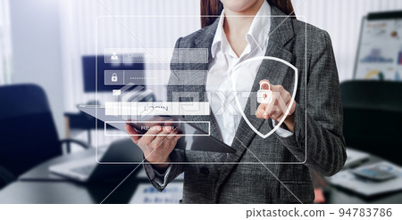 Cyber security concept, Login, User, identification information security and encryption, secure access to user's personal information woman using smart phone and tablet in office. Cyber security concept, Login, User, identification information security and encryption, secure access to user's personal information woman using smart phone and tablet in office. 94783786
