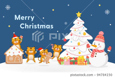 聖誕節賀卡,可愛的老虎與雪人角色吉祥物,白色聖誕樹與禮物盒,聖誕與新年快樂,向量卡通風格 94784150