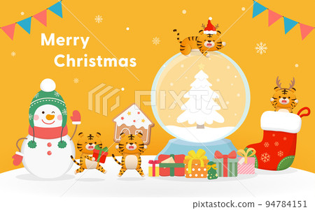 橙色的聖誕節賀卡,可愛的老虎與雪人角色吉祥物,雪球與禮物盒,聖誕與新年快樂,向量卡通風格 94784151