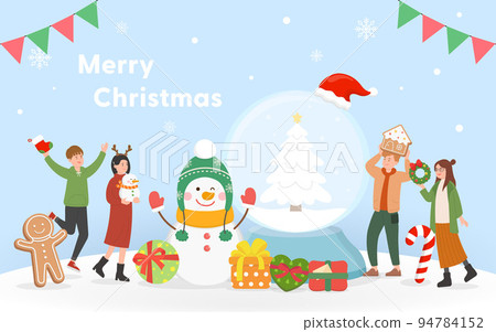 開心慶祝聖誕節的男性與女性,聖誕樹與雪球,聖誕與新年快樂,向量卡通風格,用於賀卡邀請卡聖誕卡 94784152