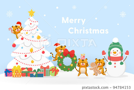 聖誕節賀卡,可愛的老虎與雪人角色吉祥物,白色聖誕樹與禮物盒,聖誕與新年快樂,向量卡通風格 94784153