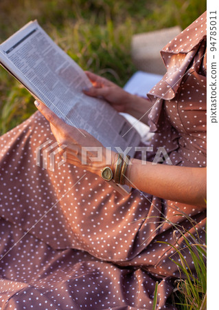 A woman in brown dress sits on a picnic in a park with panoramic view 94785011