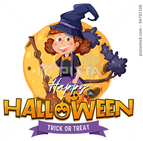 Happy Halloween Text Logo With Cartoon Character - Stock Illustration ...