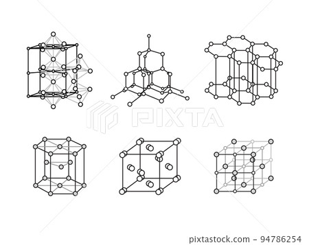 Set of Volumetric Crystal lattices. Molecular, Atomic, Ionic, Metallic Crystal lattice. Crystal lattice  of diamond, graphite. The position of atoms in a crystal. Vector illustration for physics. 94786254