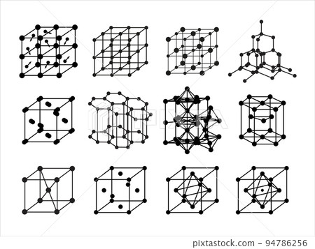 Set of Volumetric Crystal lattices. Molecular, Atomic, Ionic, Metallic Crystal lattice. Crystal lattice of diamond, graphite. The position of atoms in a crystal. Vector illustration for physics. Set of Volumetric Crystal lattices. Molecular, Atomic, Ionic, Metallic Crystal lattice. Crystal lattice of diamond, graphite. The position of atoms in a crystal. Vector illustration for physics. 94786256