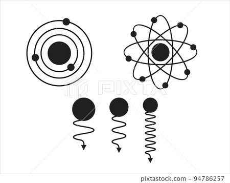 Set of Vector science model of Atom. Around the atom, gamma waves, protons, neutrons  and electrons. Vector icons of atom molecule on isolated background. 94786257