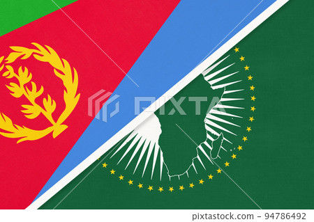African Union and State of Eritrea national flag from textile. Africa continent vs Eritrean symbol 94786492