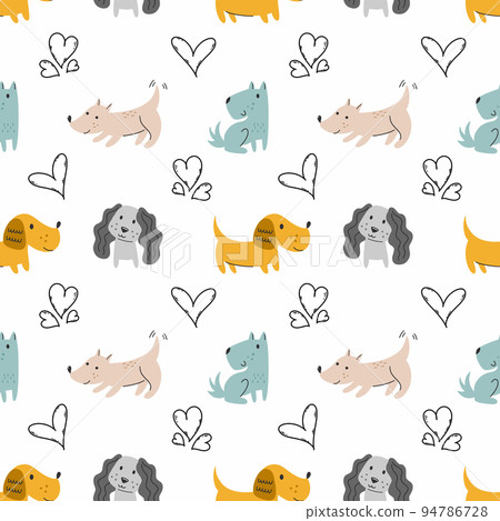 Cute puppy and heart. Seamless pattern. Tailoring and printing on fabric. Wrapping paper with dogs. 94786728