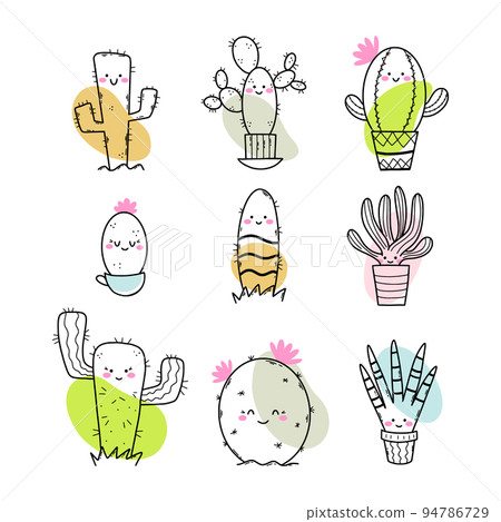 Cute cactus hand drawn. Set of doodle elements. Funny sticker. Cute cactus hand drawn. Set of doodle elements. Funny sticker. 94786729