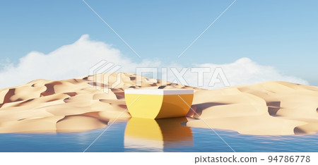 Abstract Dune cliff sand with metallic Arches and clean blue sky. Surreal minimal Desert natural landscape background. Scene of Desert with glossy metallic arches geometric design. 3D Render. Abstract Dune cliff sand with metallic Arches and clean blue sky. Surreal minimal Desert natural landscape background. Scene of Desert with glossy metallic arches geometric design. 3D Render. 94786778
