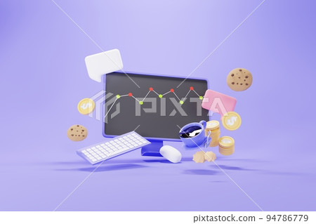 3d render of Computer Monitor screen with keyboard, coffee and cookies floating around on purple pastel background. Minimal icon concept. 94786779