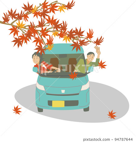 一對夫婦從一輛輕型汽車上看秋葉 一對夫婦從一輛輕型汽車上看秋葉 94787644