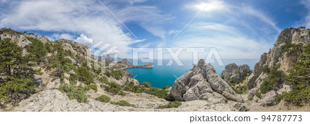 Beautiful seascape, panorama of cape Kapchik to the Galitsin Trail and blue bay of the Black Sea. Sudak, New World. Landscape of the sea coast. The concept of calmness, silence and unity with nature. 94787773