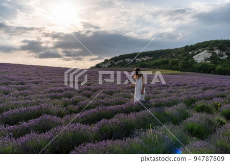 Close up portrait of happy young brunette woman in white dress on blooming fragrant lavender fields with endless rows. Warm sunset light. Bushes of lavender purple aromatic flowers on lavender fields. 94787809