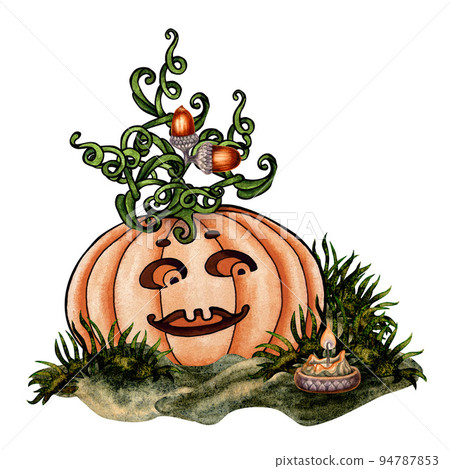 Halloween watercolor orange pumpkin with acorns and candle. Elements on white background  94787853