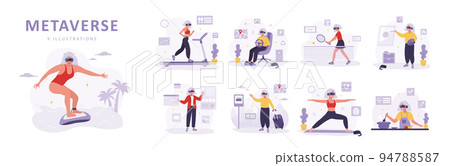 Metaverse concept. Elderly women in VR headsets working, doing sport and painting. Video game simulator. Modern technological entertainment. Set of vector illustrations in flat style 94788587
