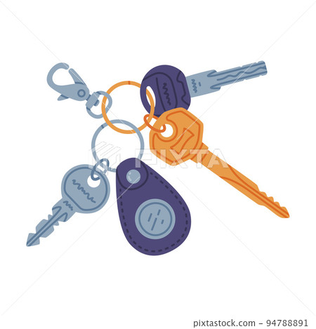 Trinket with Brass and Steel Key Hanging with Keychain or Keyring Vector Illustration Trinket with Brass and Steel Key Hanging with Keychain or Keyring Vector Illustration 94788891