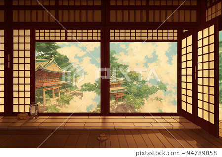 Fantasy japanese shrine with windows view torii outside. 3d render anime style wallpaper. 94789058