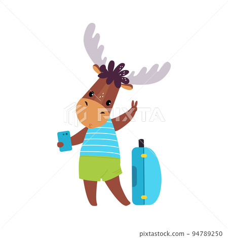Cute Elk Traveler with Suitcase Standing and Taking Selfie with Smartphone Having Journey on Vacation Vector Illustration Cute Elk Traveler with Suitcase Standing and Taking Selfie with Smartphone Having Journey on Vacation Vector Illustration 94789250