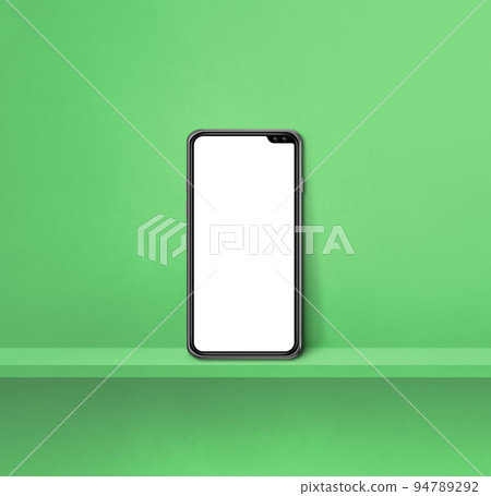 Mobile phone on green wall shelf. Square background Mobile phone on green wall shelf. Square background 94789292