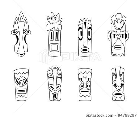 Totem and Maya Civilization Mask from Wood with Carved Ornament Black Vector Set Totem and Maya Civilization Mask from Wood with Carved Ornament Black Vector Set 94789297
