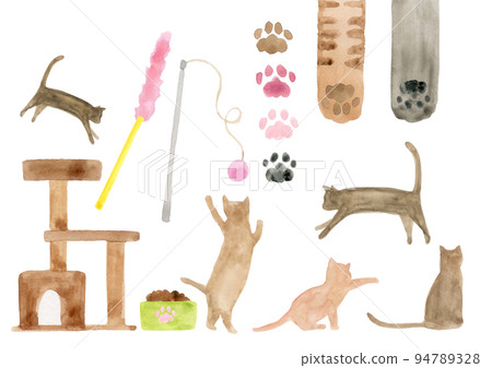 一隻貓的手繪水彩插圖 94789328