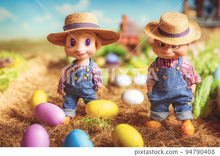 3D render cute little rabbit peasant dressed in overalls in garden full of vegetable and easter eggs 94790408