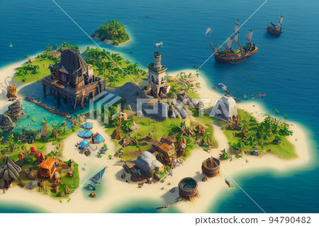 3D Render of Caribbean pirate archipelago in isometric perspective. 94790482