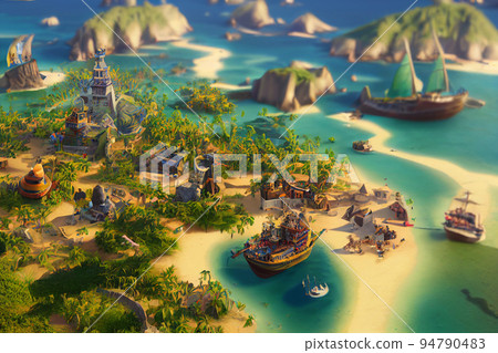 3D Render of Caribbean pirate archipelago in isometric perspective. 94790483