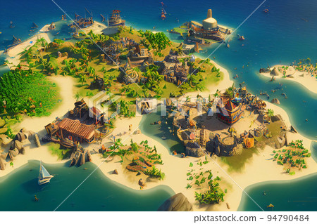 3D Render of Caribbean pirate archipelago in isometric perspective. 3D Render of Caribbean pirate archipelago in isometric perspective. 94790484