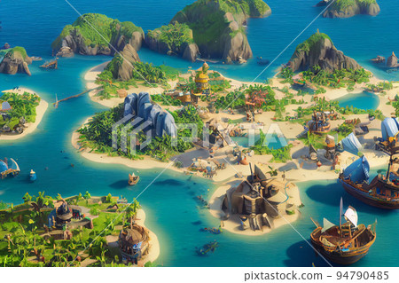 3D Render of Caribbean pirate archipelago in isometric perspective. 94790485