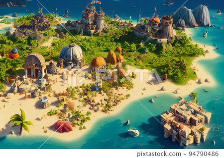 3D Render of Caribbean pirate archipelago in... - Stock Illustration ...